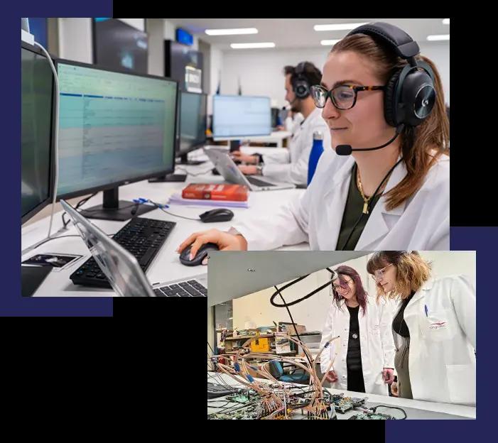 Argotec engineers in lab coats at a control workstation and in a lab examining electronics, presented as a two-photo collage